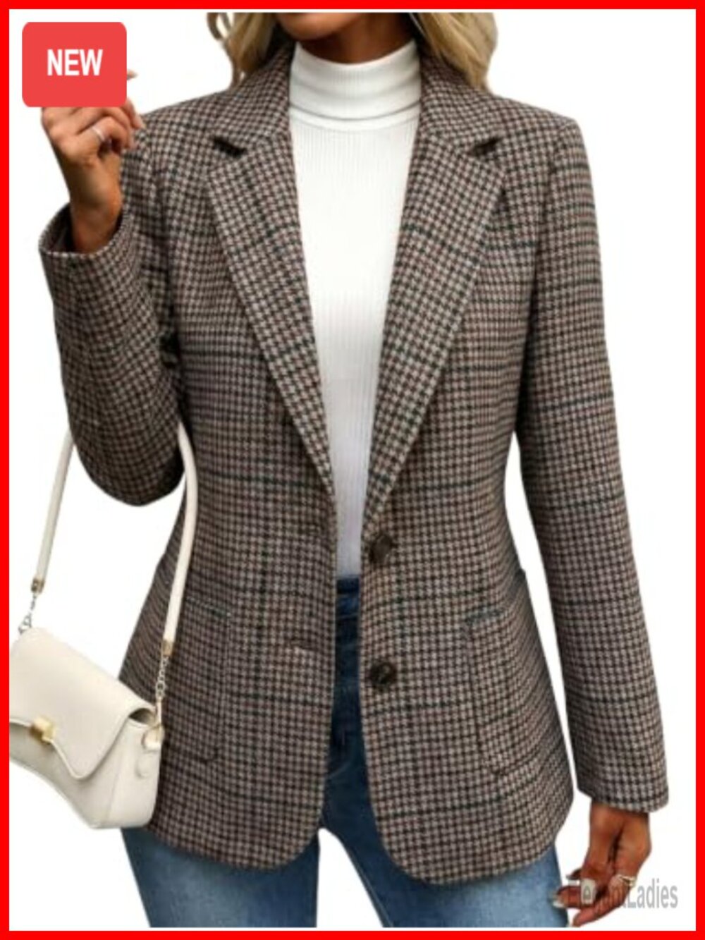 Women's Tweed Blazer Houndstooth Slim Fit Notch Collar Business Casual Suit